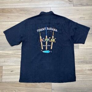 Tommy Bahama Mens Casting Call 100% Silk Embroidered Button Up Shirt XL Black